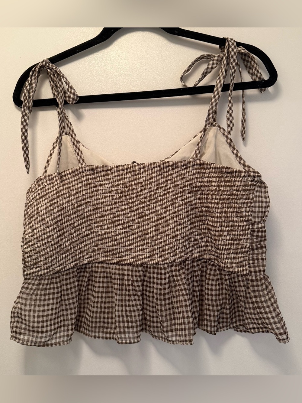 American Eagle Gingham Smocked Tie-Strap Peplum Crop Top | Brown/Cream | Size M - Picture 6 of 8